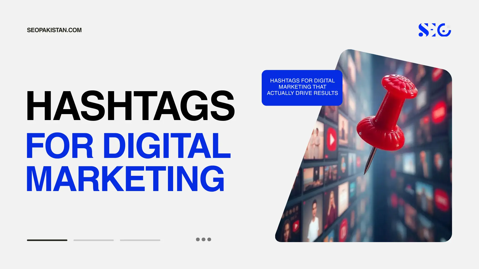 Slide text reads Hashtags for Digital Marketing with a red push pin image on the side.