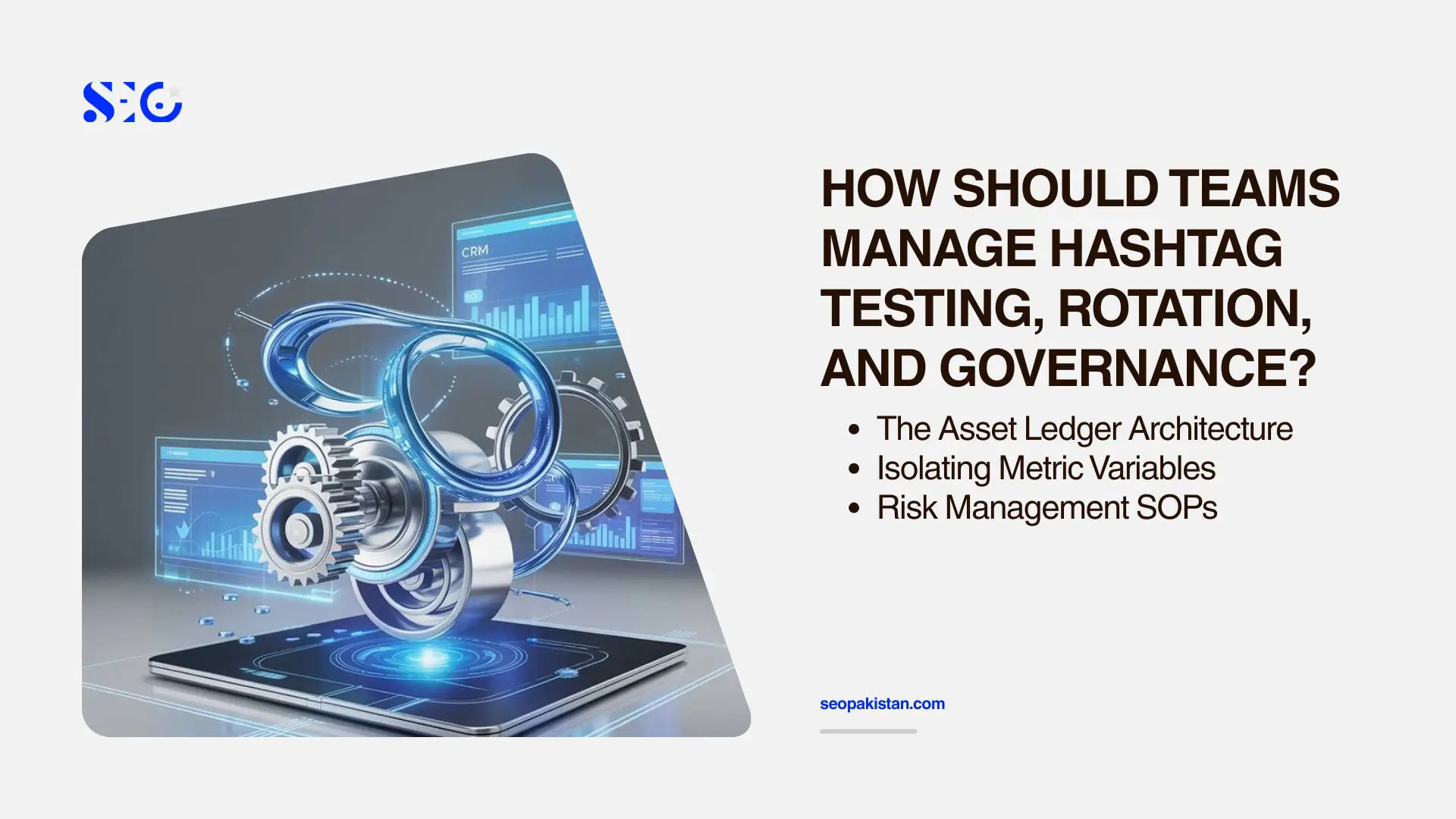Gears and tech interface with text about hashtag testing rotation and governance.