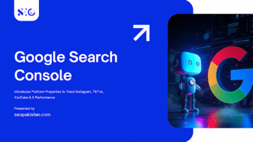 Google Search Console now tracks Instagram, TikTok, YouTube, and X performance, presented by seopakistan.com with a robot and Google logo.