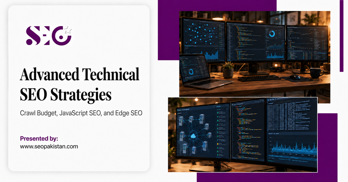 Advanced technical SEO strategies displayed on monitors with analytics, code and server data