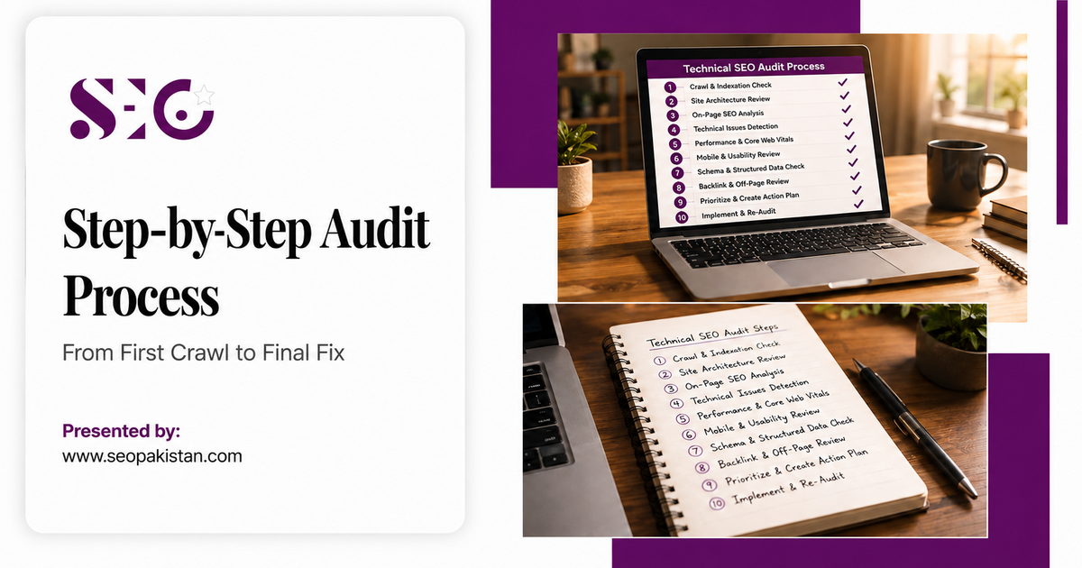 Step-by-step technical SEO audit process with a laptop checklist and handwritten action plan