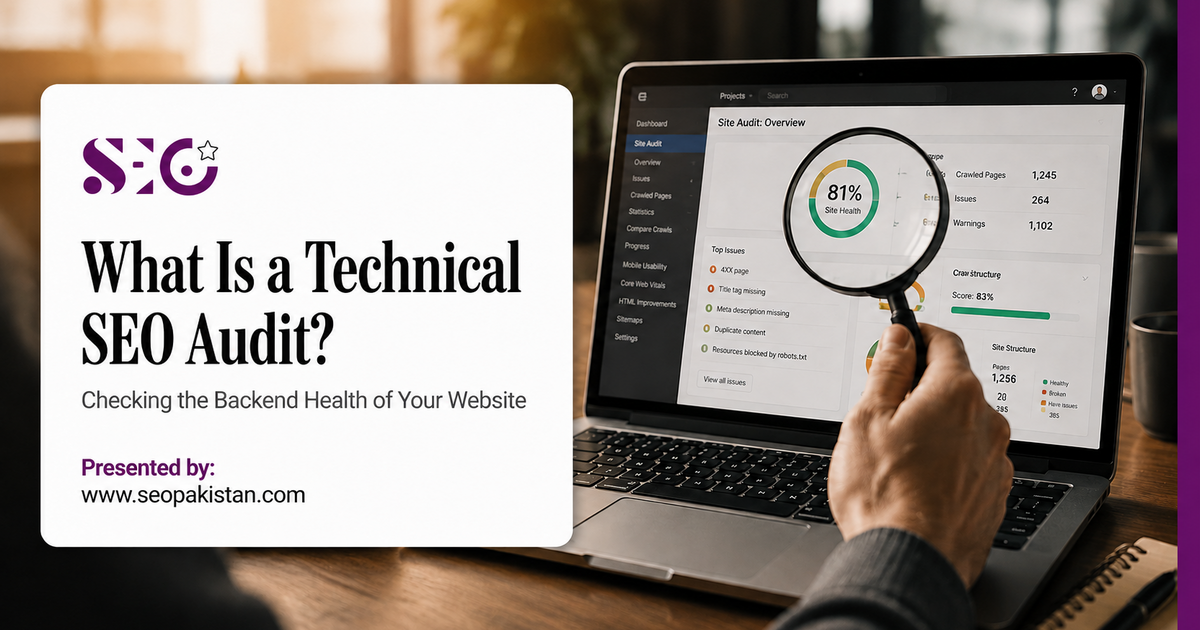 Technical SEO audit showing a website health dashboard examined with a magnifying glass