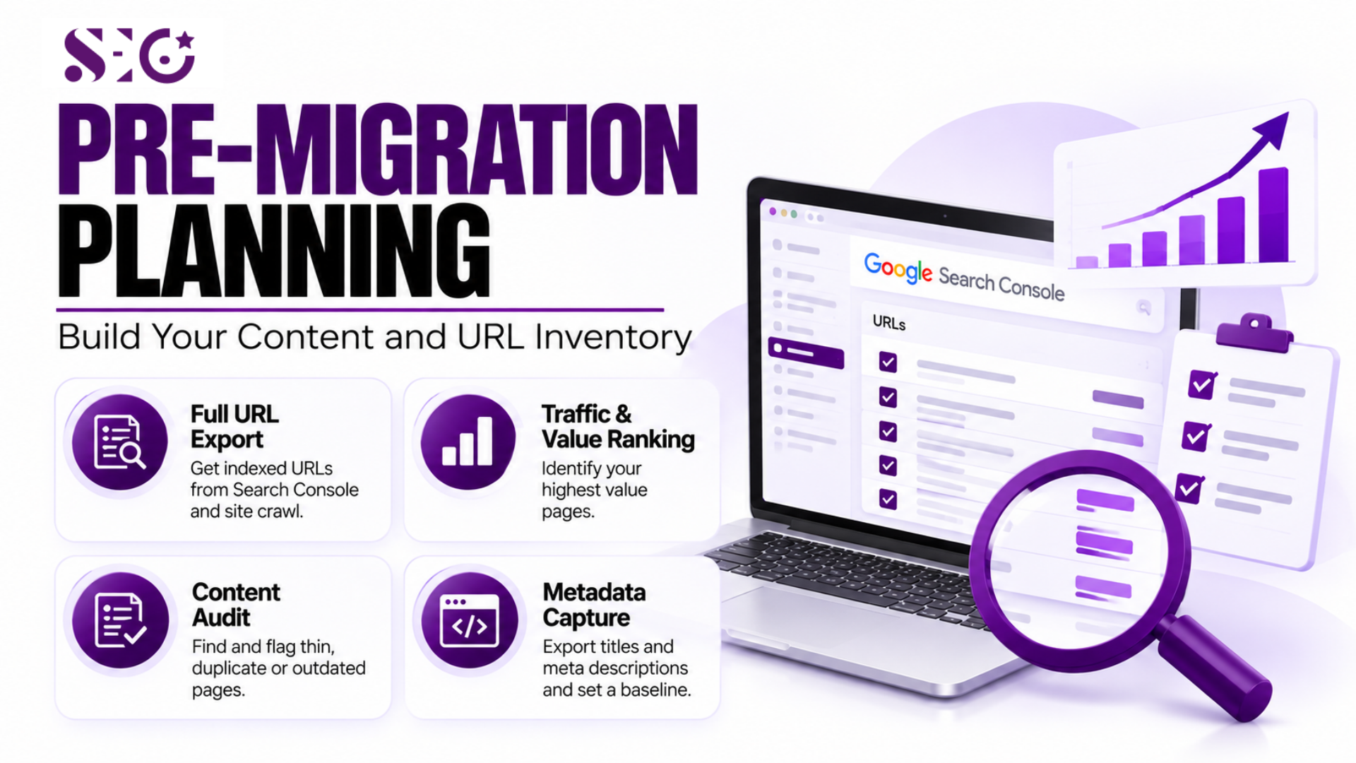 Guide graphic titled "Pre-Migration Planning: Build Your Content and URL Inventory" by SEO Pakistan, detailing steps like URL exports, traffic ranking, content audits, and metadata capture alongside a laptop showing Google Search Console.