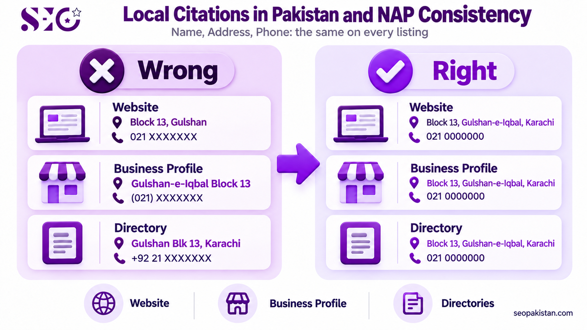 Local citations in Pakistan comparing consistent and inconsistent business name, address and phone details.