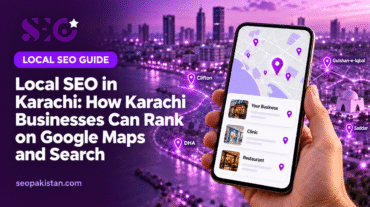 Local SEO in Karachi showing business locations, map pins and local search results on a smartphone.
