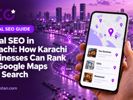 Local SEO in Karachi showing business locations, map pins and local search results on a smartphone.