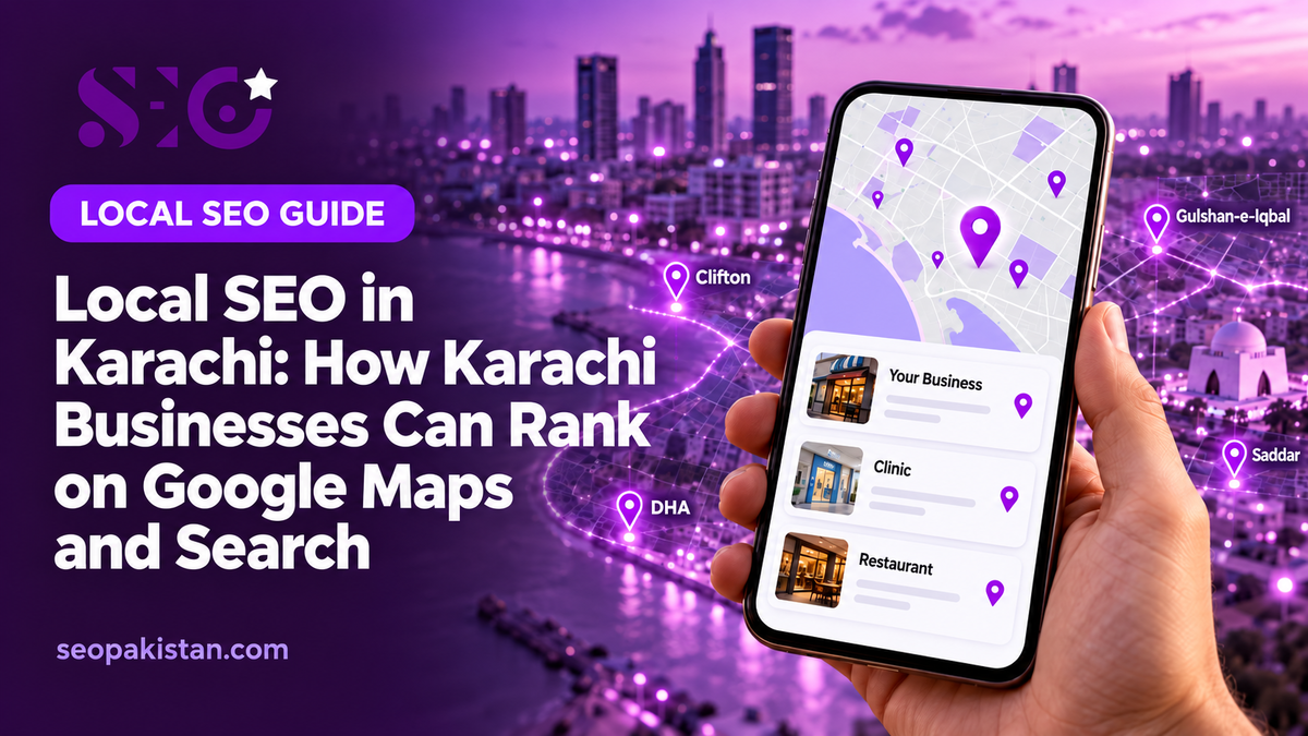 Local SEO in Karachi showing business locations, map pins and local search results on a smartphone.